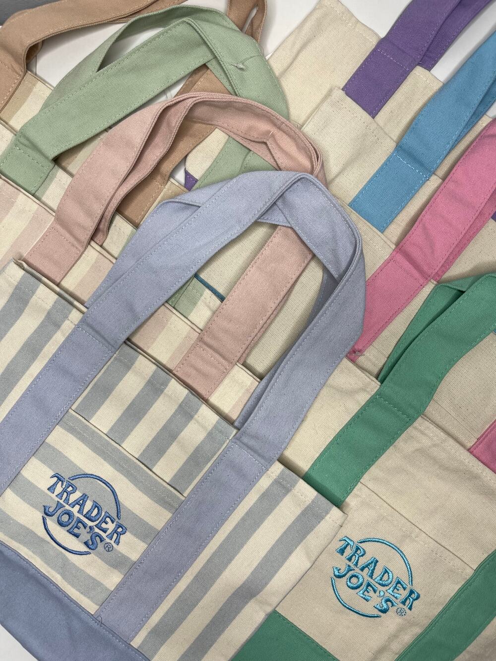 Set of 8 Trader Joe’s Canvas Tote Bags Small Mini Size PASTEL + STRIPES